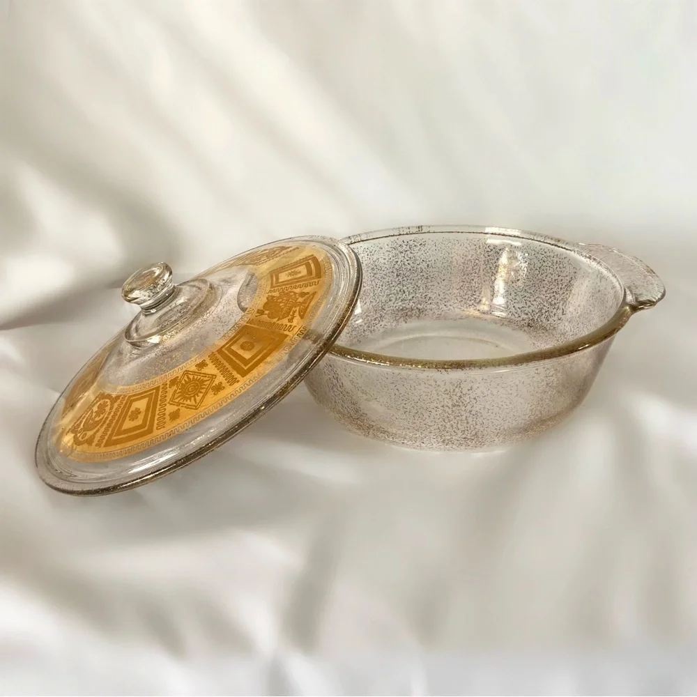 Vintage fire king culver coronet metallic gold covered casserole dishes cookware